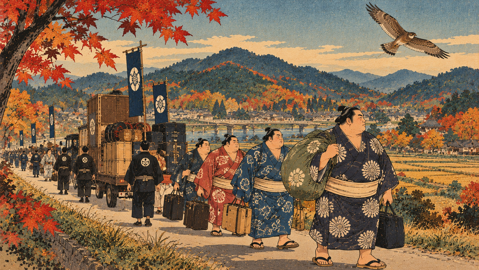 大相撲は町から町へ――巡業を動かす勧進元、朝稽古、300人超の旅 — editorial illustration