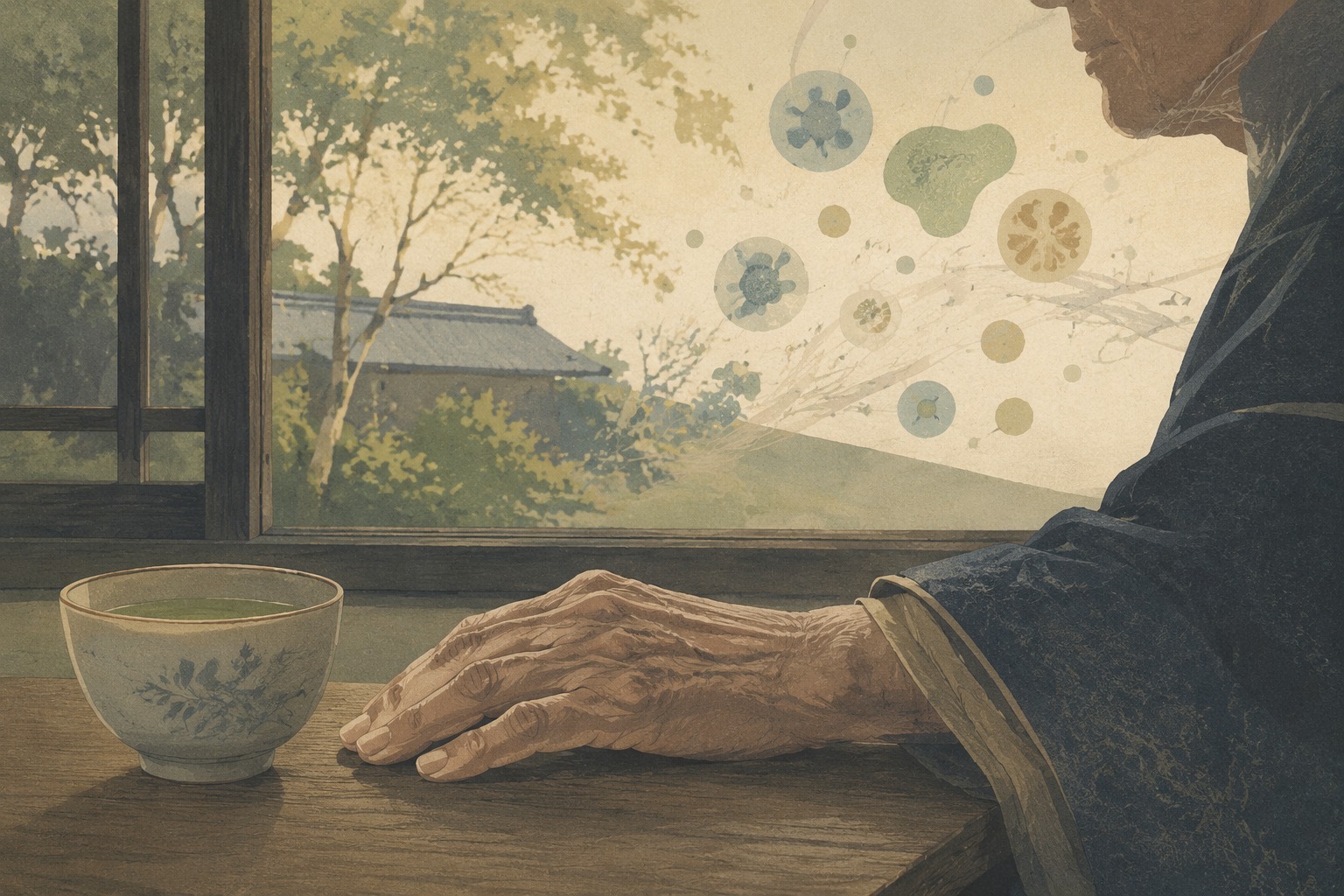 Editorial illustration of a Japanese centenarian’s hand beside cytotoxic CD4 T cells expanding in the bloodstream