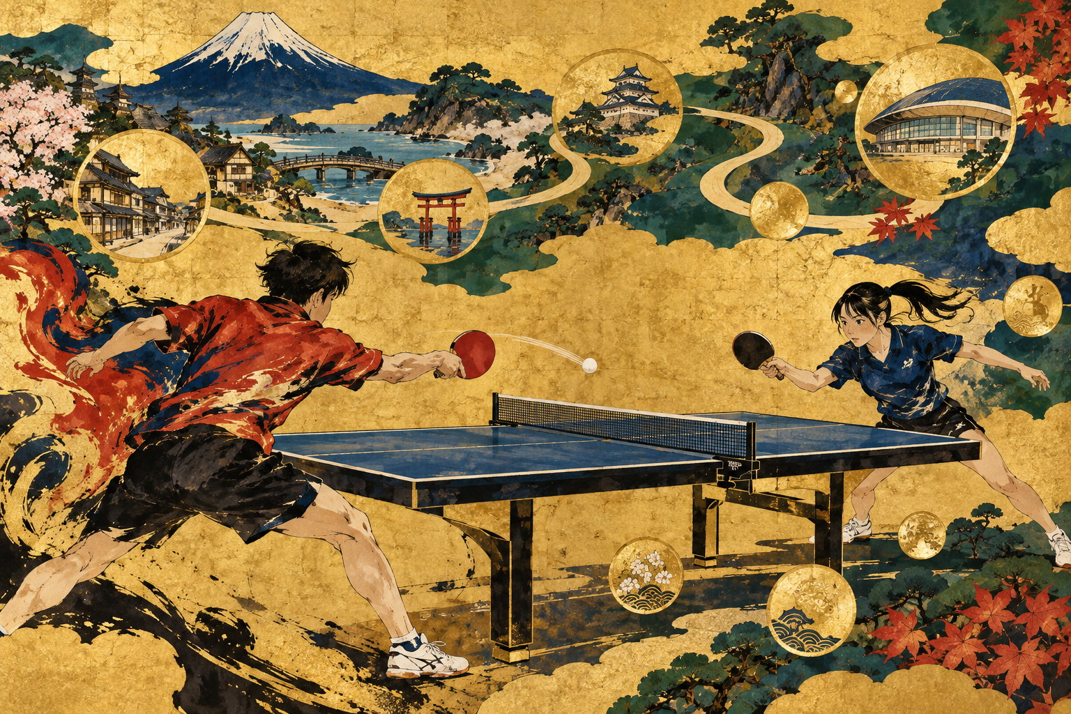 Table-tennis players, a winding route through towns and symbolic coins against a gold ground