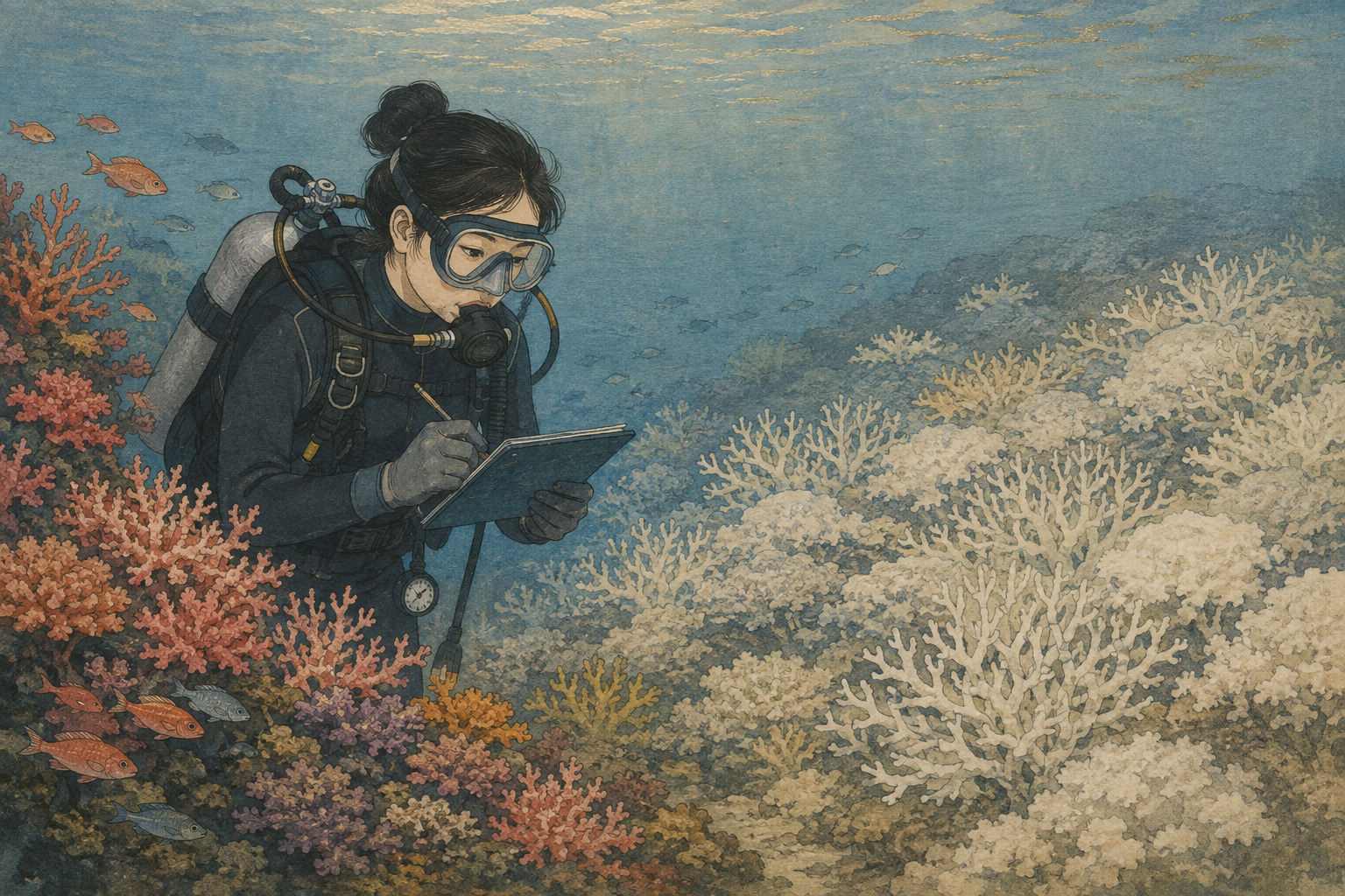 温帯の日本沿岸で研究者が白化したサンゴを記録する様子を描いた編集イラスト
