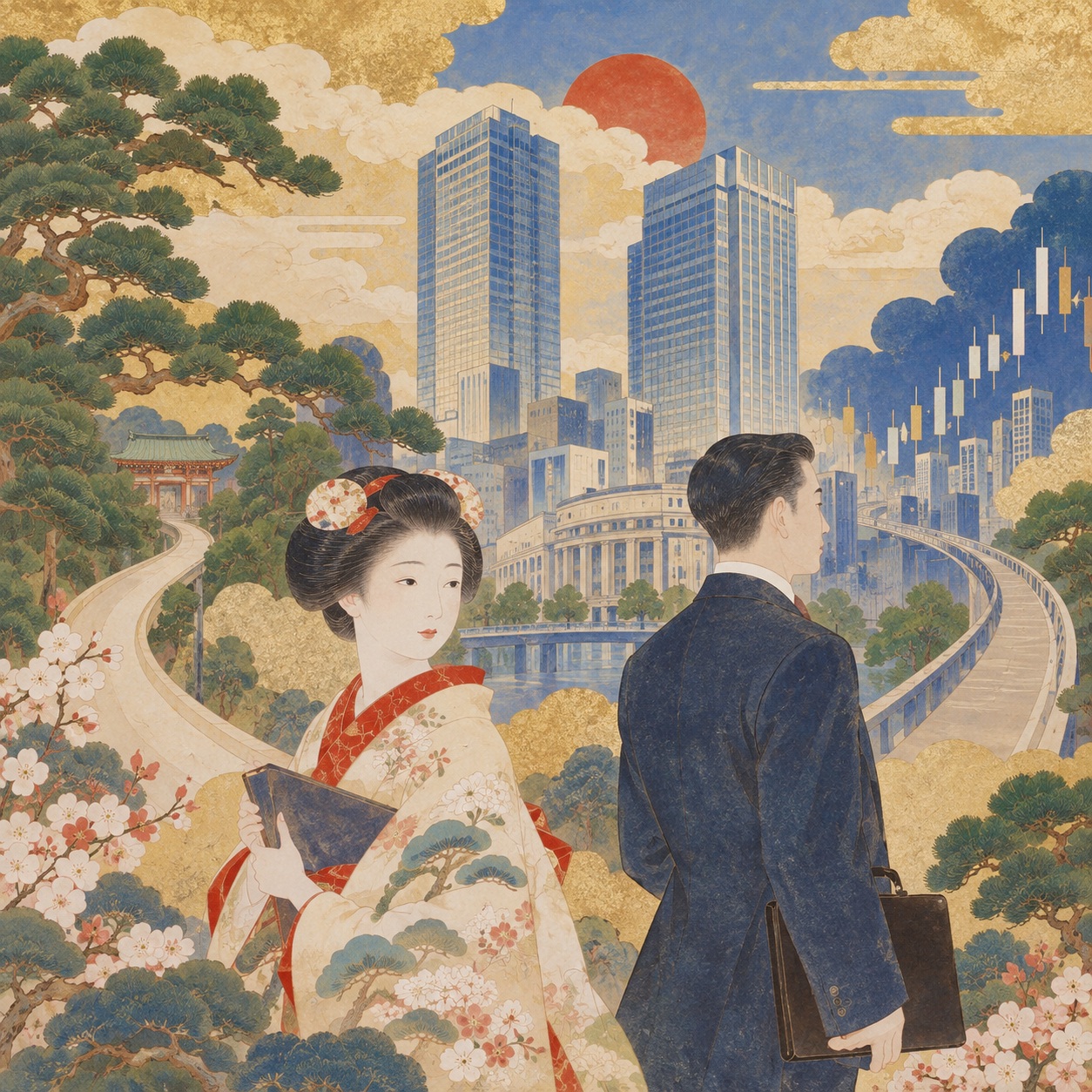 東京証券取引所の二つの上場ルートを象徴する鐘と市場を描いた編集用イラスト