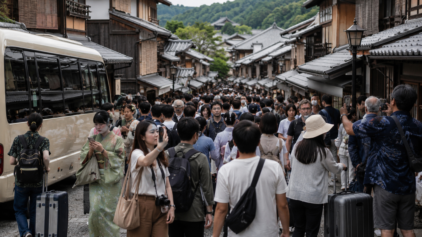 Crowded tourist street in a traditional Japanese district