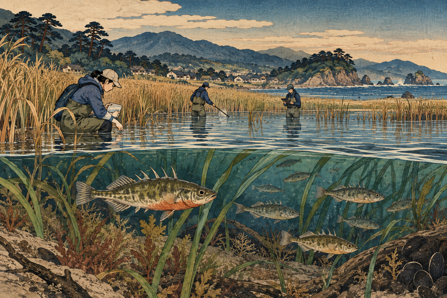 編集用イラスト：津波後の湿地で、種の境界はどう保たれたか　大槌のイトヨを9年追跡