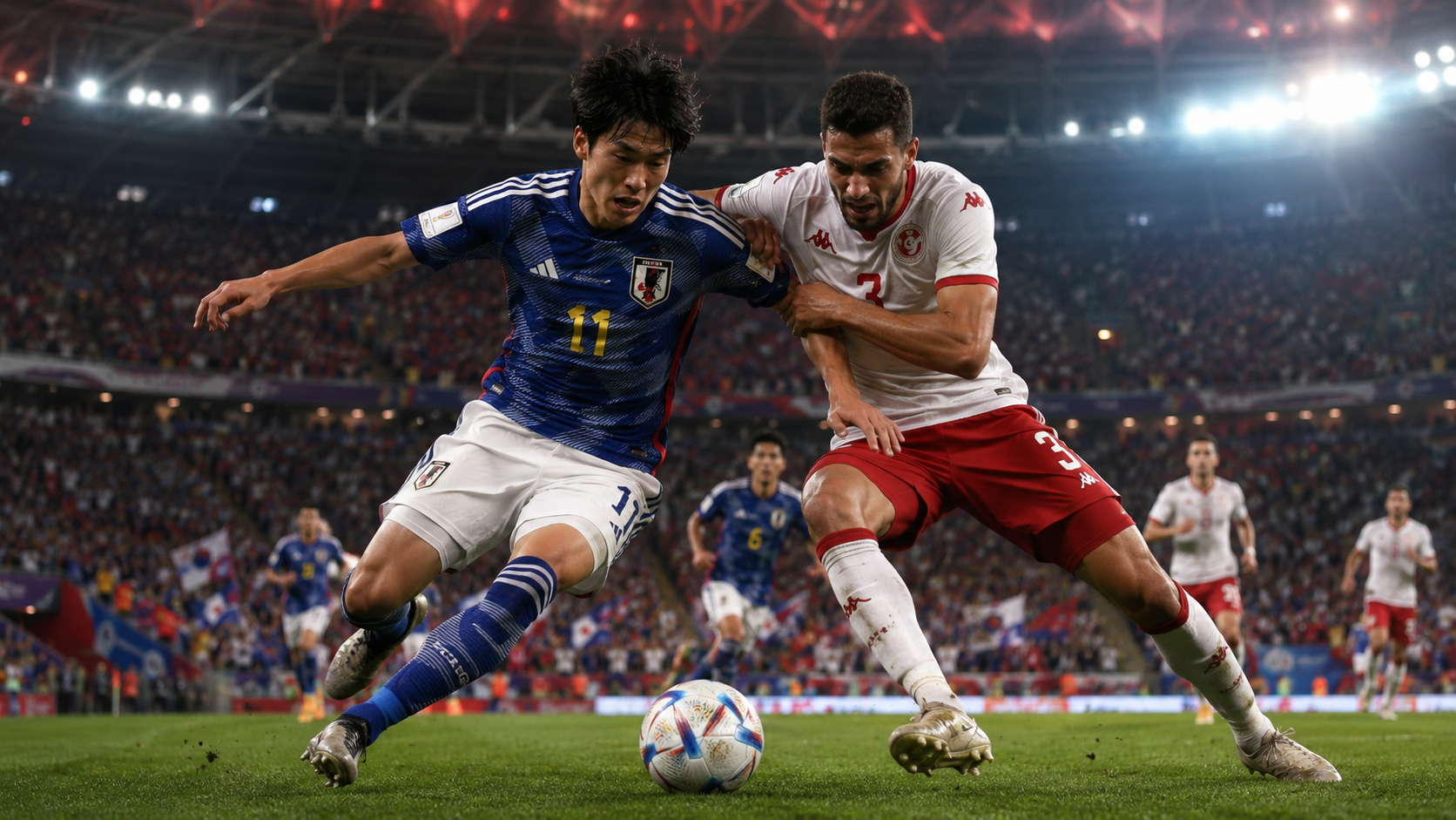 Japan and Tunisia players contest the ball in a tense World Cup-style stadium match