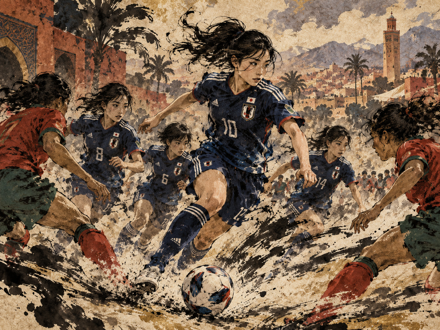 U-17日本女子代表、モロッコで世界に挑戦 — AI-generated editorial illustration inspired by Kishi Ganku