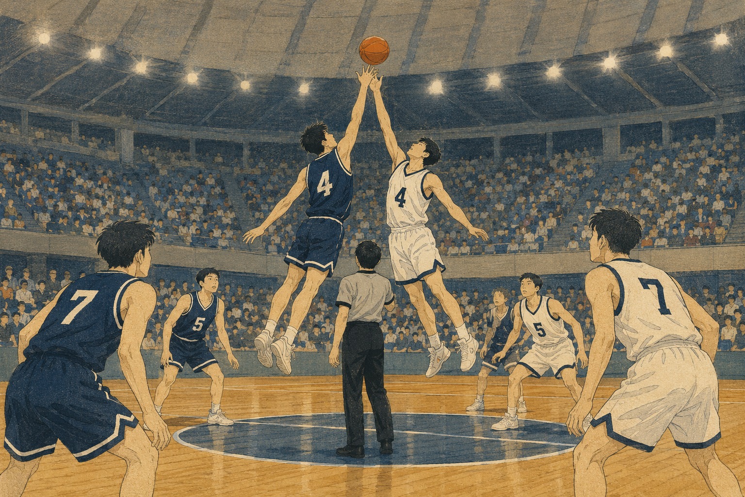 アリーナで高校生年代の選手がティップオフを争う小原古邨着想の編集用イラスト