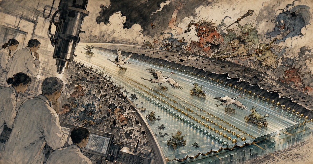 A Kawanabe Kyōsai-inspired microscopic drama of molecular spirits wearing away across the surface of a super-low-friction material