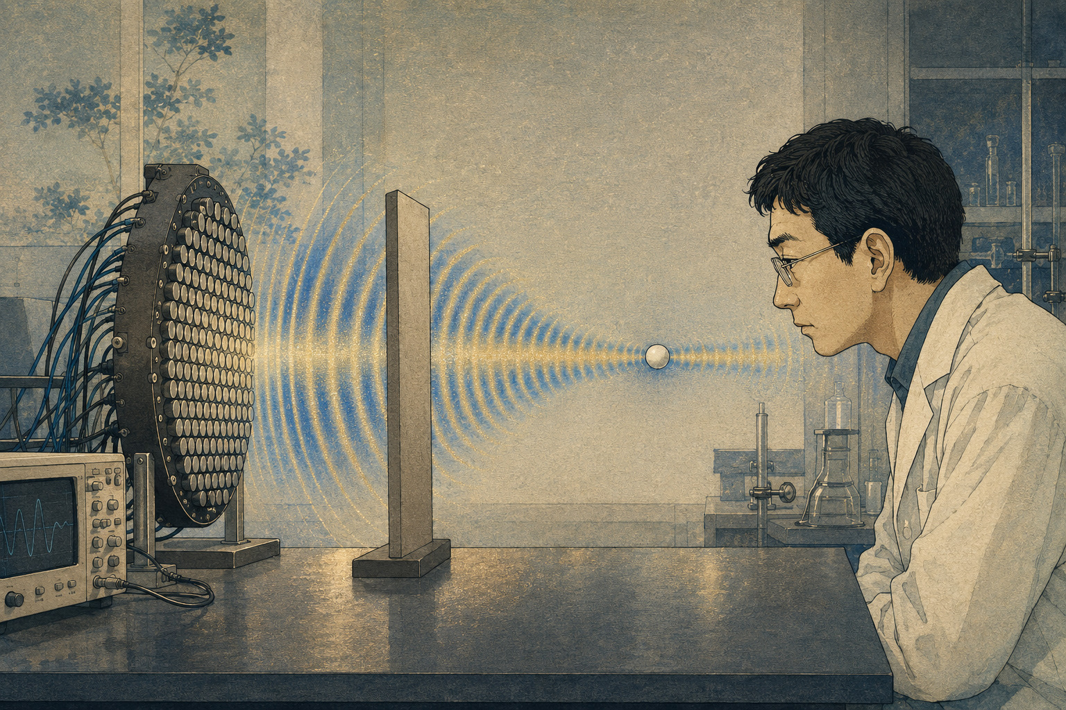 超音波フェーズドアレイの上で小さな球が浮遊する実験を描いた編集イラスト