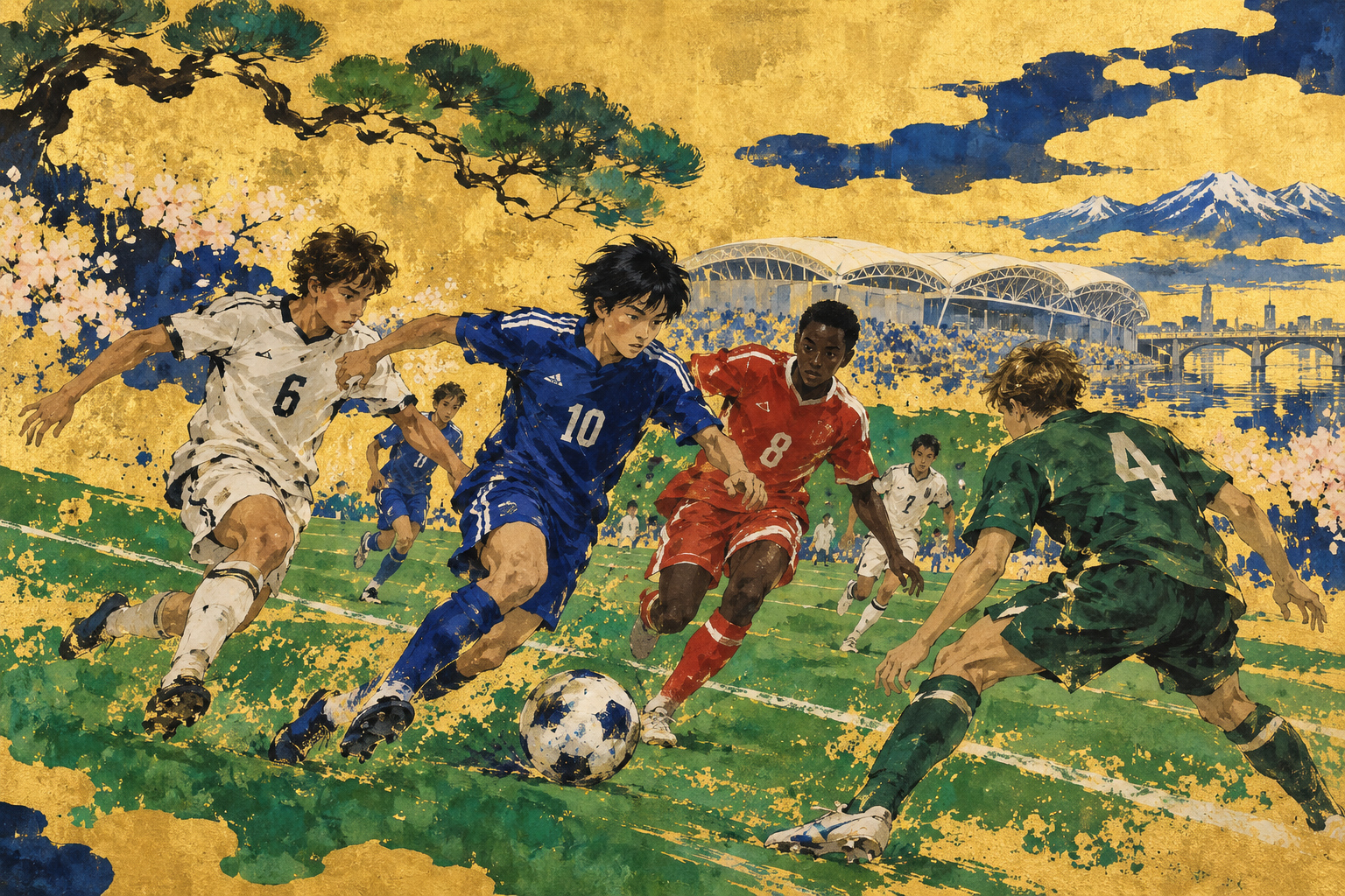 Young footballers contest a ball on a vivid green pitch against a gold ground in a conceptual illustration