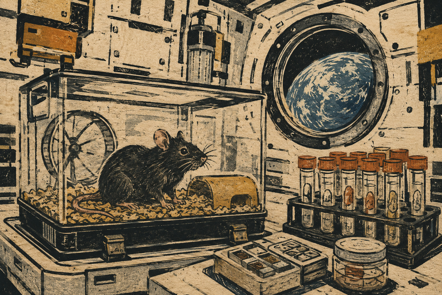 Editorial illustration of a laboratory mouse in a space-research habitat beside preserved biological samples