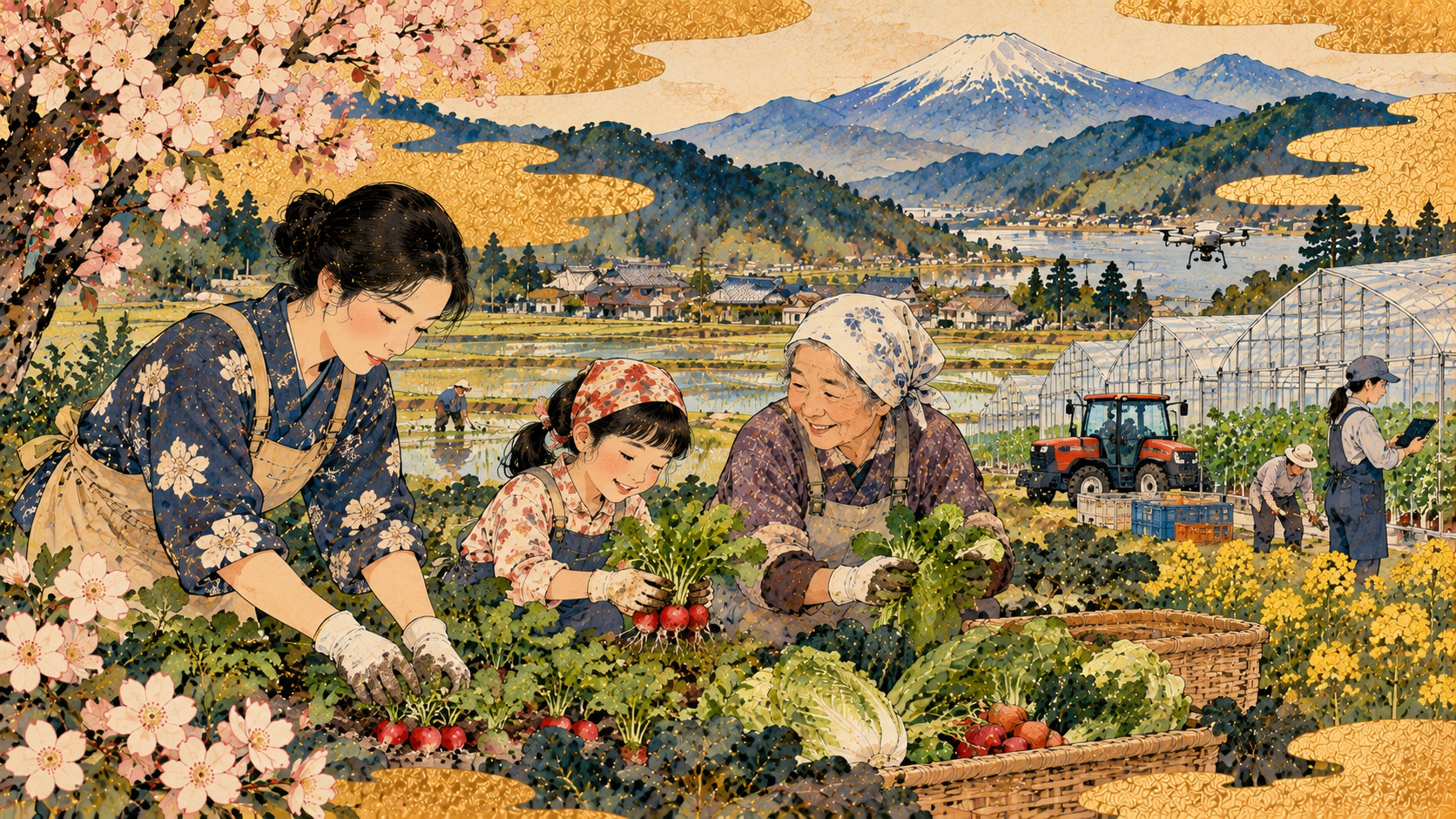 Beyond the Harvest: Japan’s Women Farmers Seek a Bigger Voice — AI-generated editorial illustration inspired by Kawanabe Kyōsui