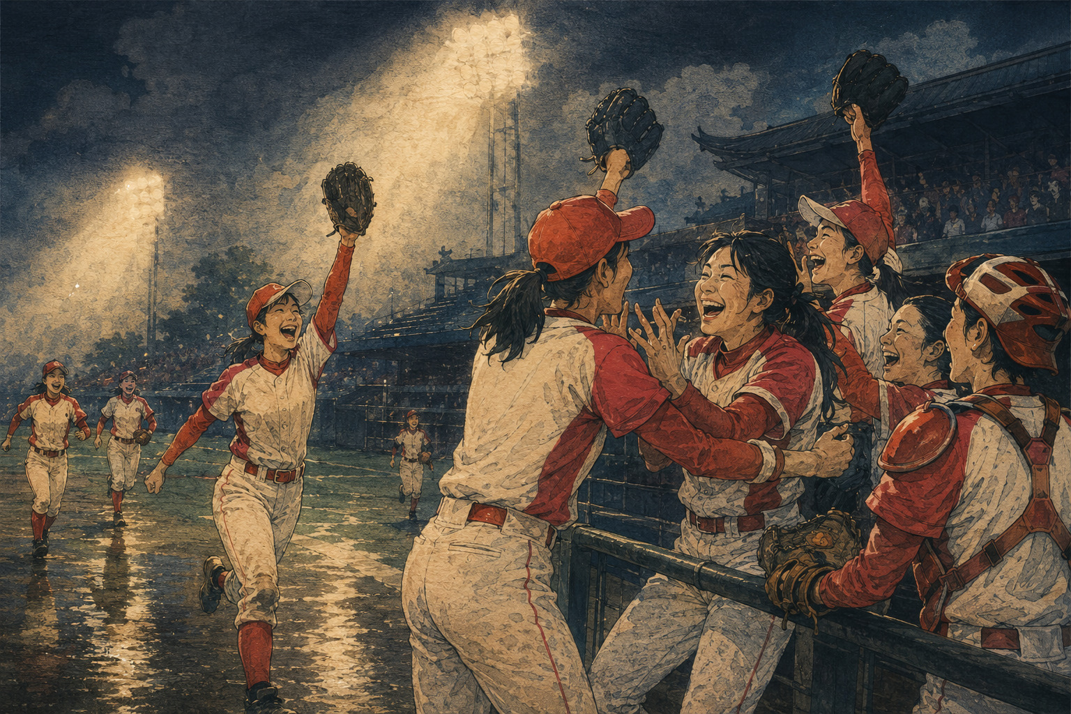 Editorial illustration of women’s baseball players celebrating under floodlights on a wet field