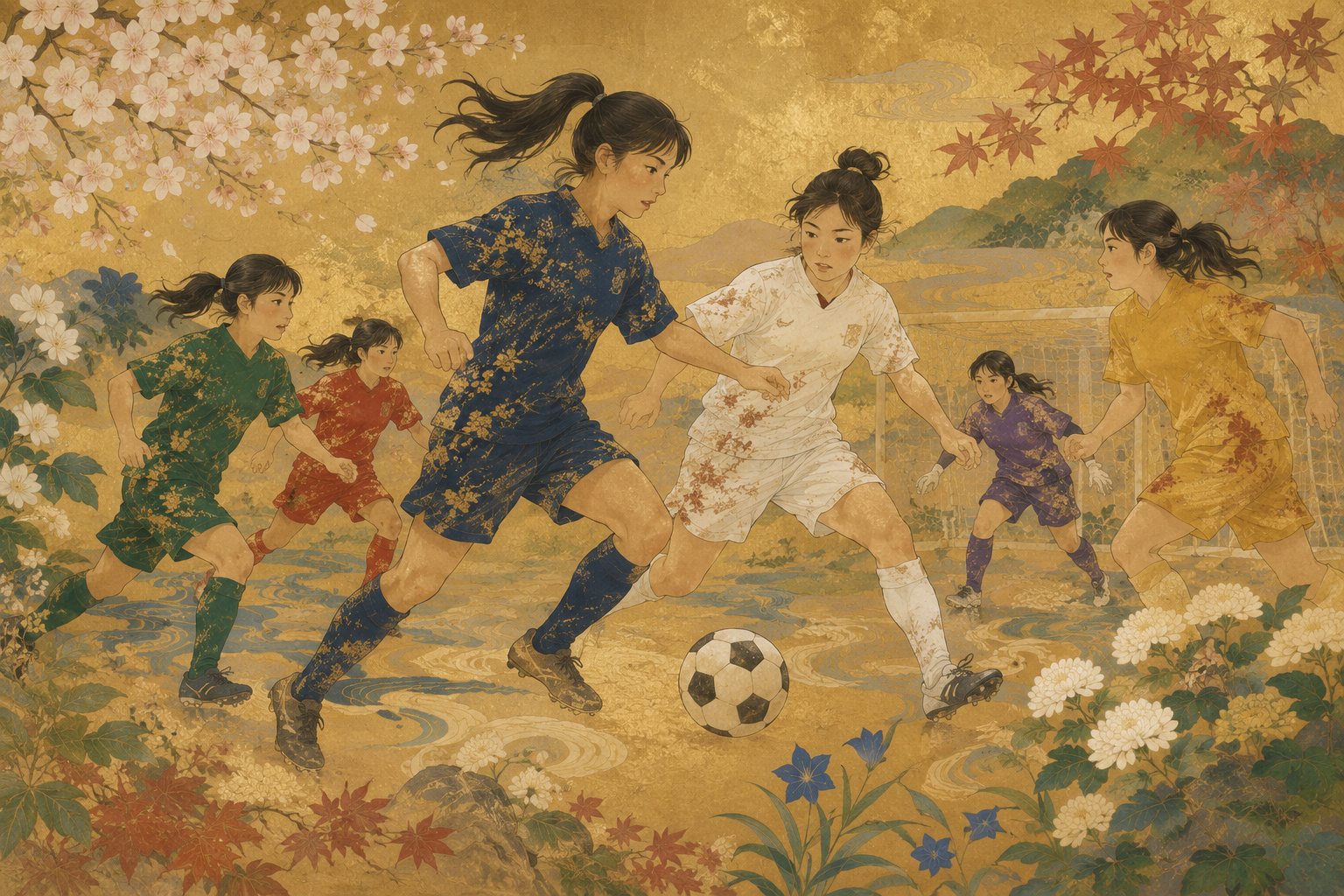 Editorial illustration of girls from different parts of Japan playing football together, symbolizing new local teams and expanding opportunities for teenage players