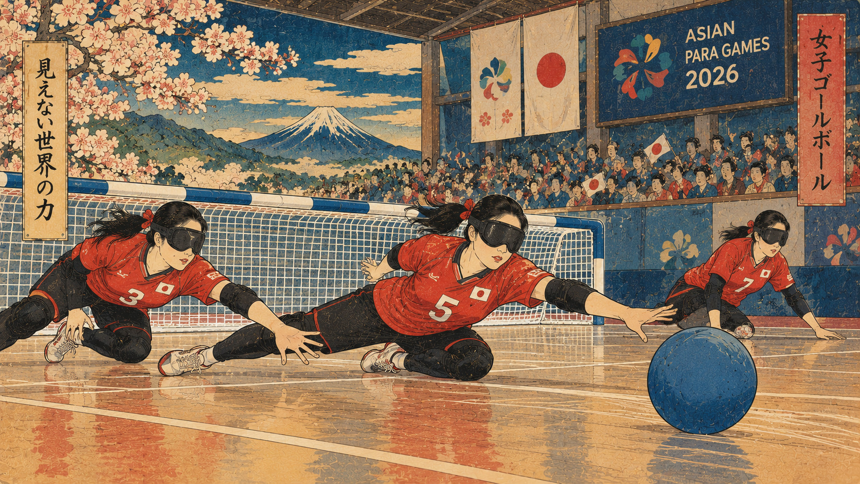 Japan’s Women Shut Out South Korea 6–0 in Goalball — editorial illustration
