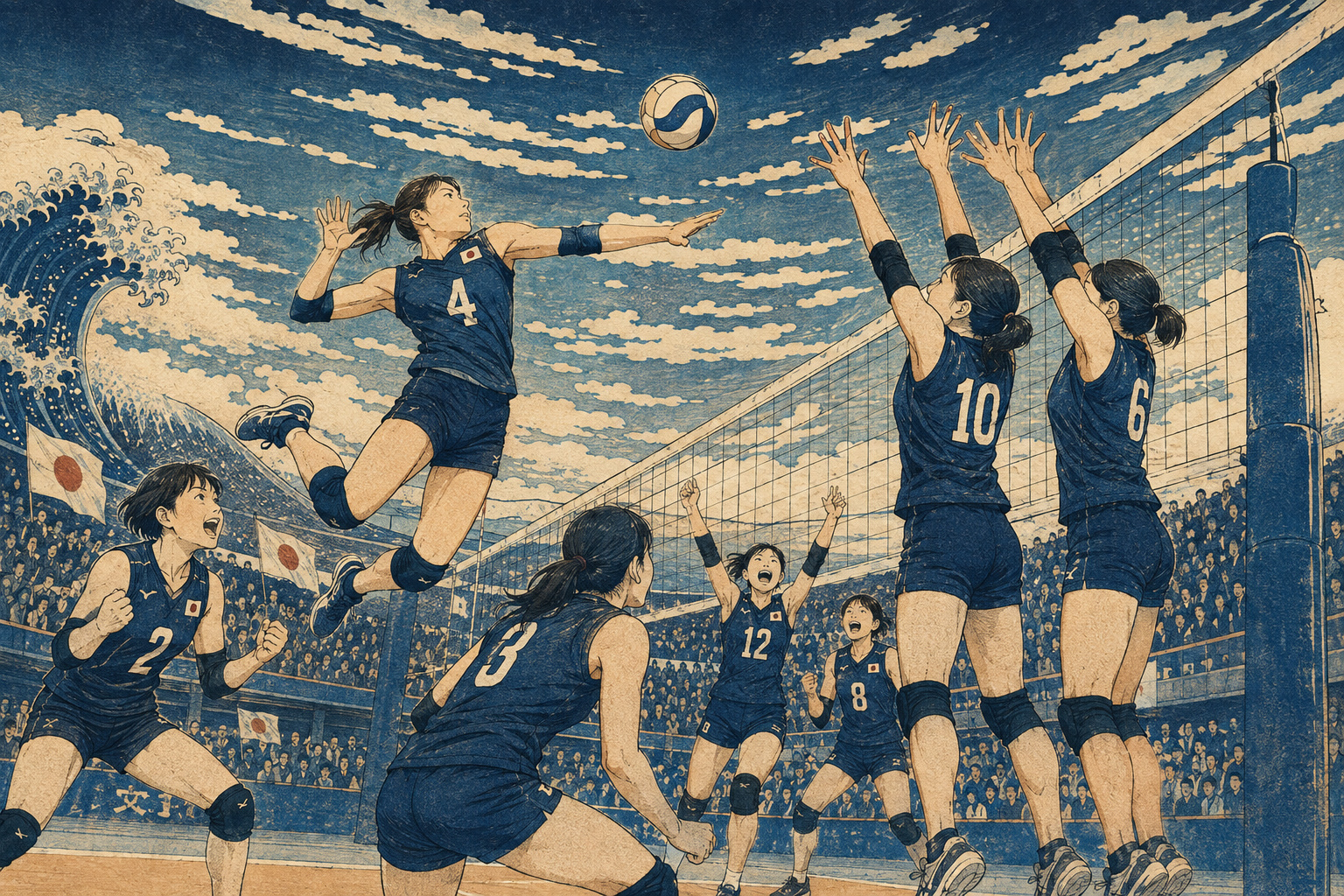 女子バレーボール日本代表を想起させる選手が大波を背に攻防する北斎風の編集イラスト