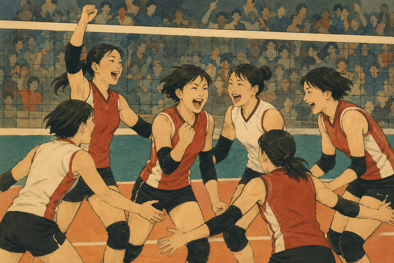 Editorial illustration of Japan’s women’s volleyball team celebrating a decisive point during an Asian championship campaign