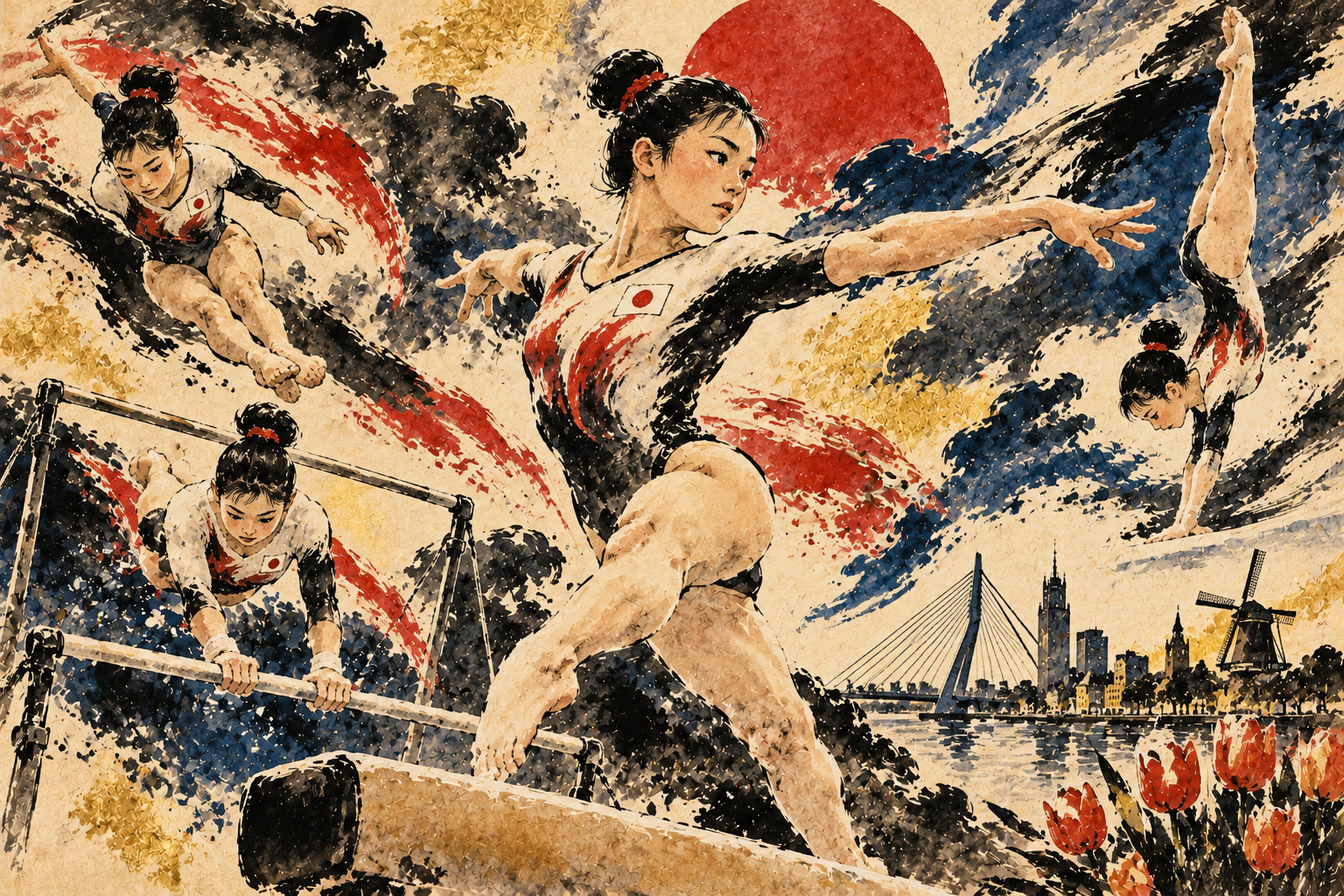世界体操、ロッテルダムで日本代表が挑む — AI-generated editorial illustration inspired by Kishi Ganku