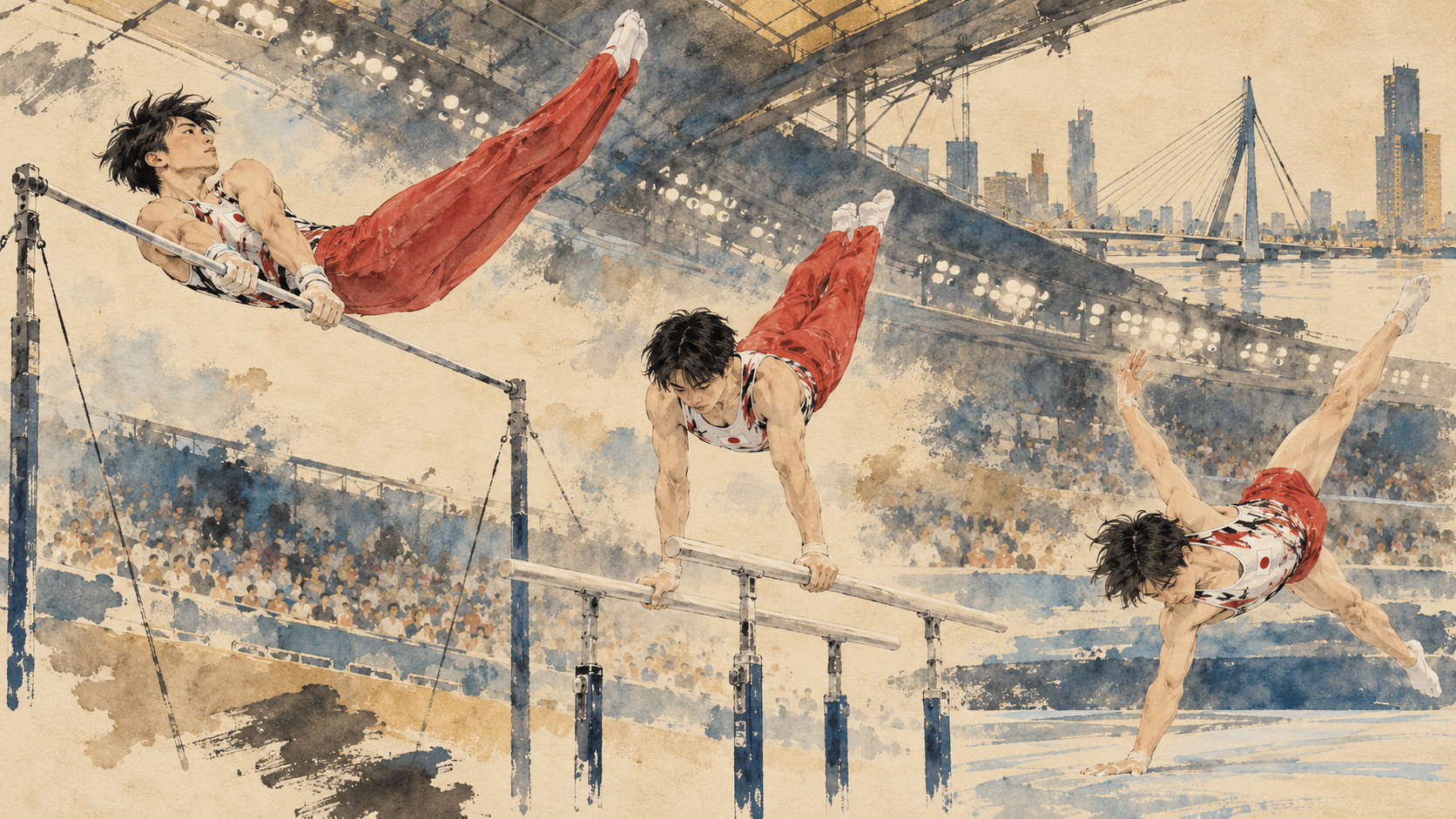 世界体操、日本男子は予選1位で団体決勝へ — editorial illustration
