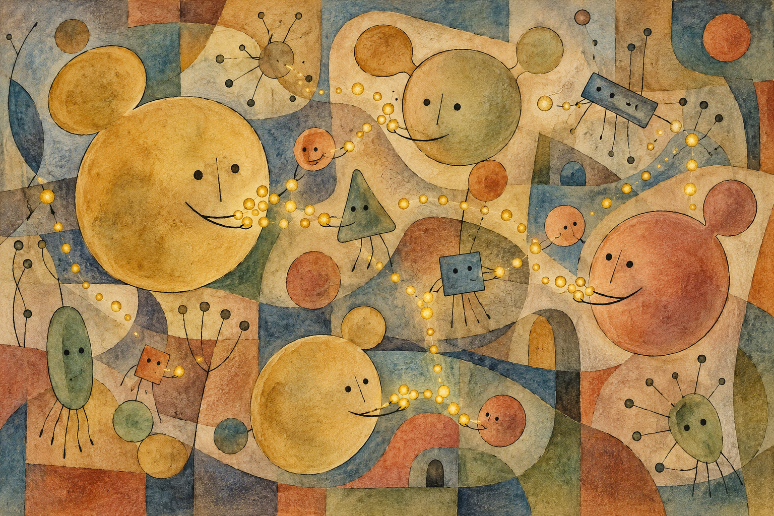 Abstract rounded cells and geometric microbes exchanging golden dots