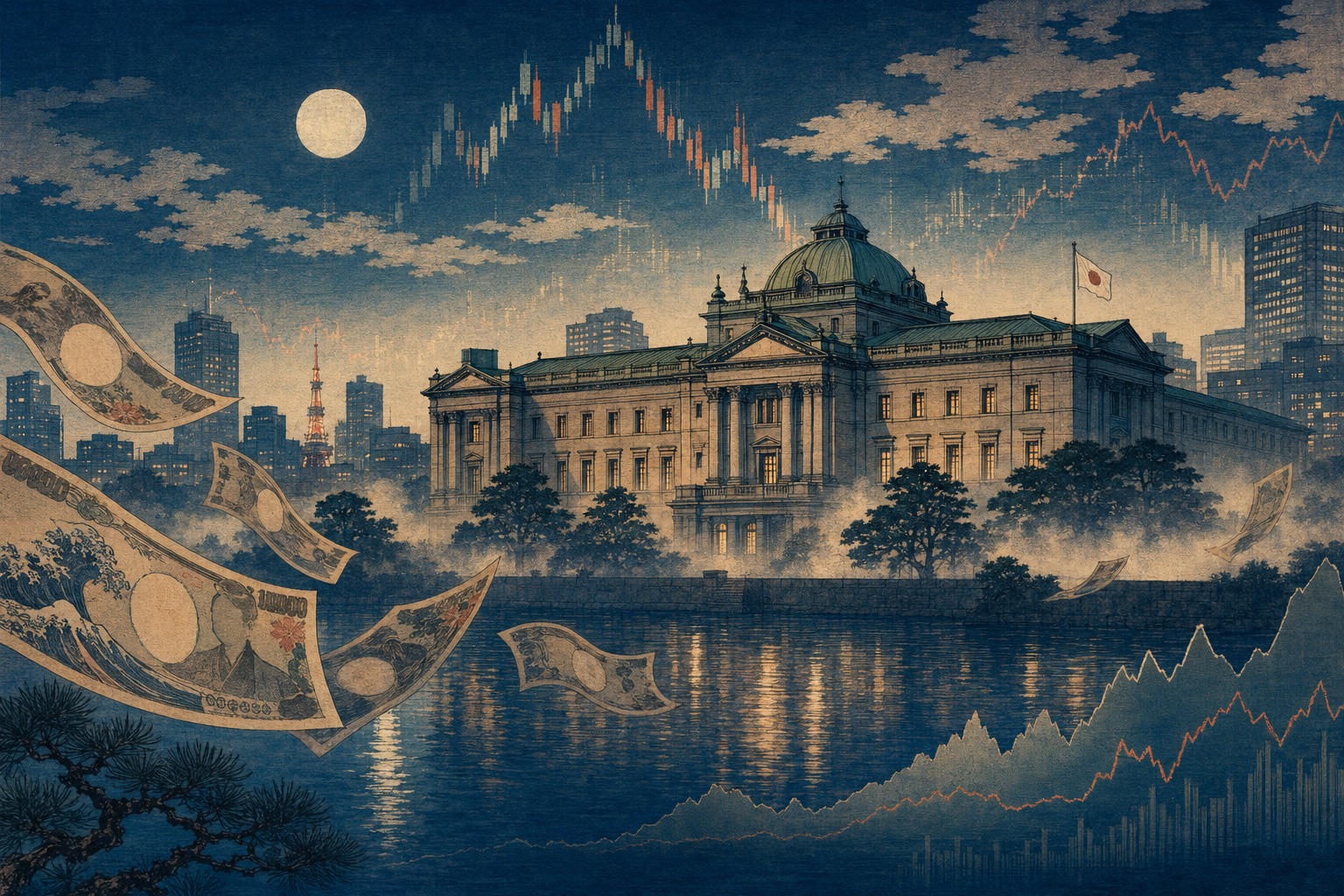 円紙幣、為替市場の画面、日本銀行を描いた報道イラスト