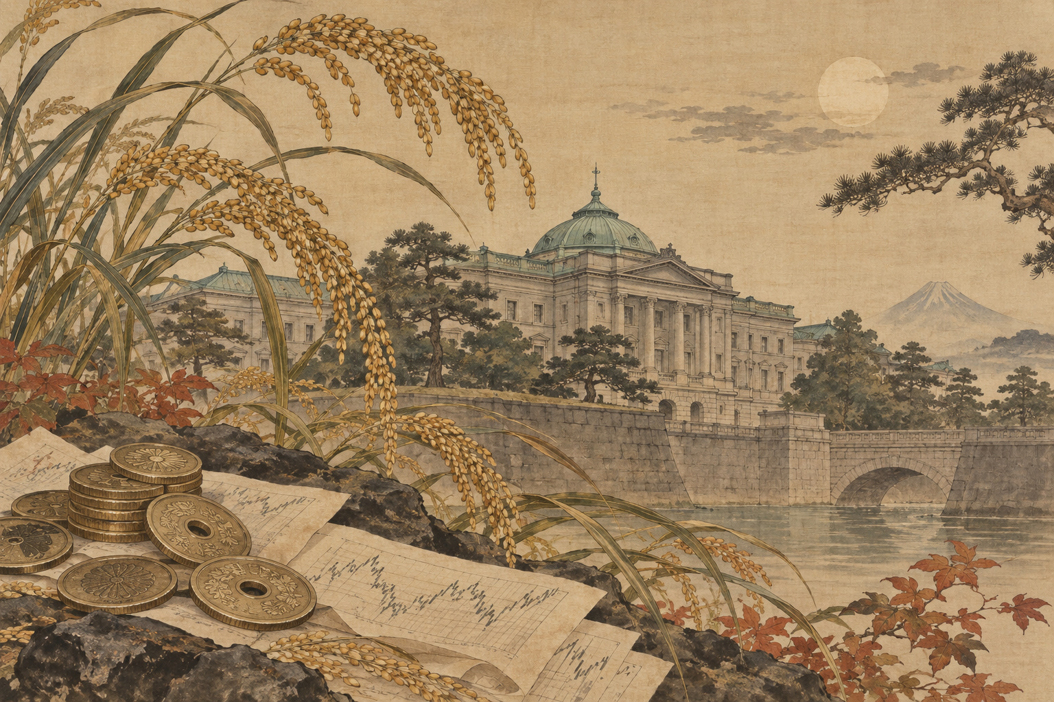 粟の穂に囲まれた日本銀行と、手前に置かれた硬貨や取引書類を描いた編集イラスト