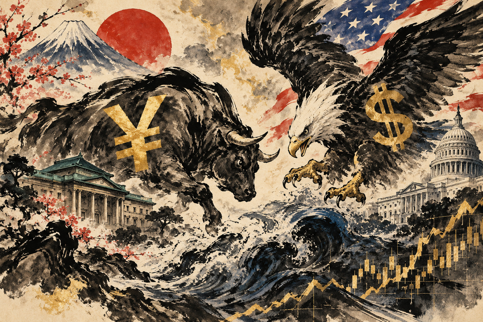 米財務省が問う「脱デフレ後」の円と金利 — AI-generated editorial illustration inspired by Kishi Ganku