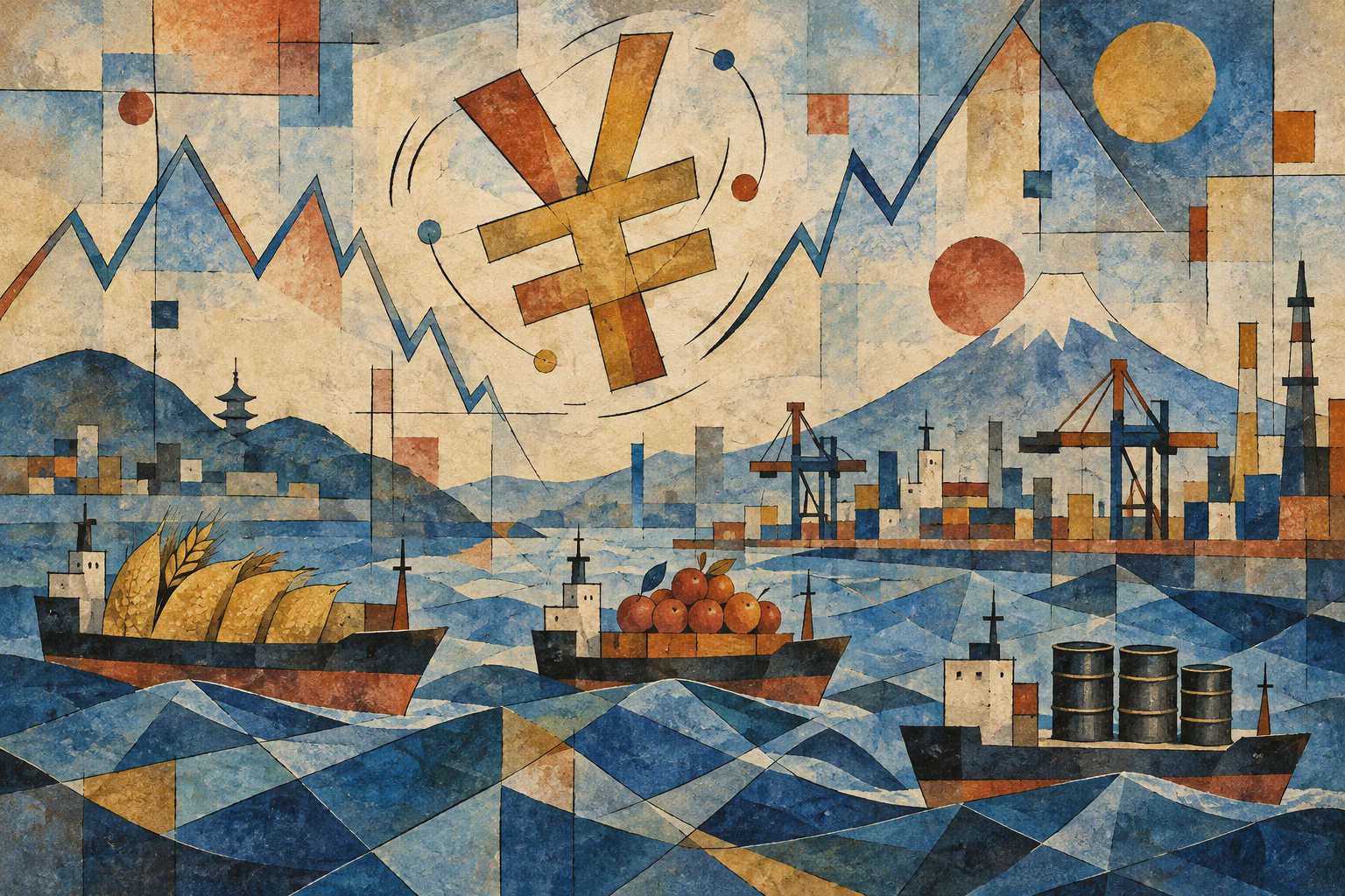 Geometric harbor with a wavering yen symbol and cargo ships carrying food and fuel