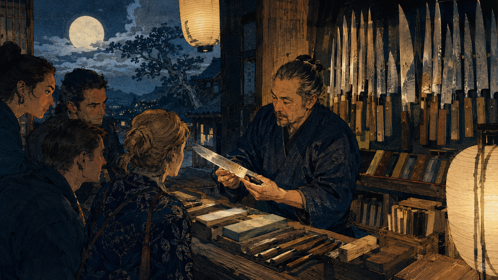 日本の包丁店と職人、海外旅行者