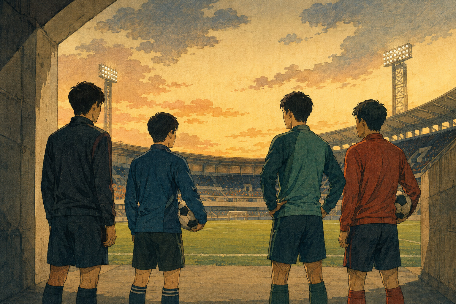 Editorial illustration of four student footballers looking toward a professional stadium