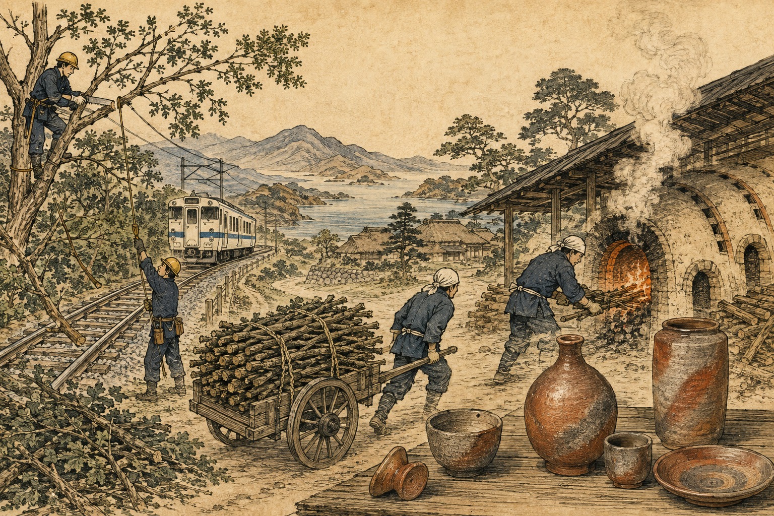 線路脇の木が、備前焼の「景色」になるまで