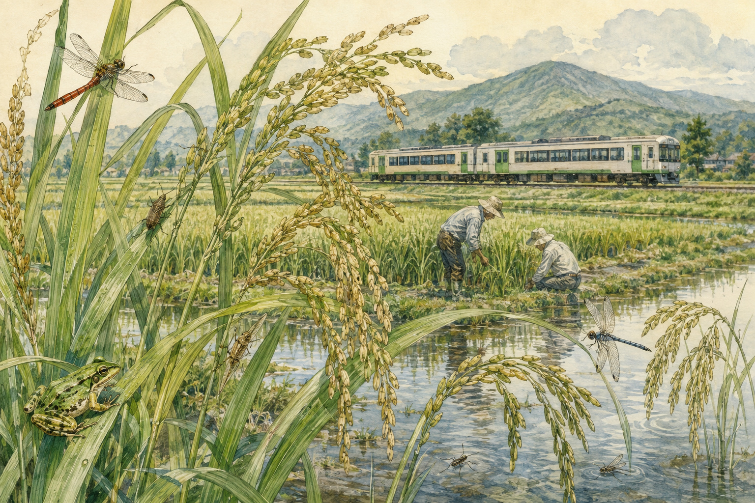 花巻の緑の水田を地域列車が走り、農作業者が稲の生育を確かめる編集イラスト