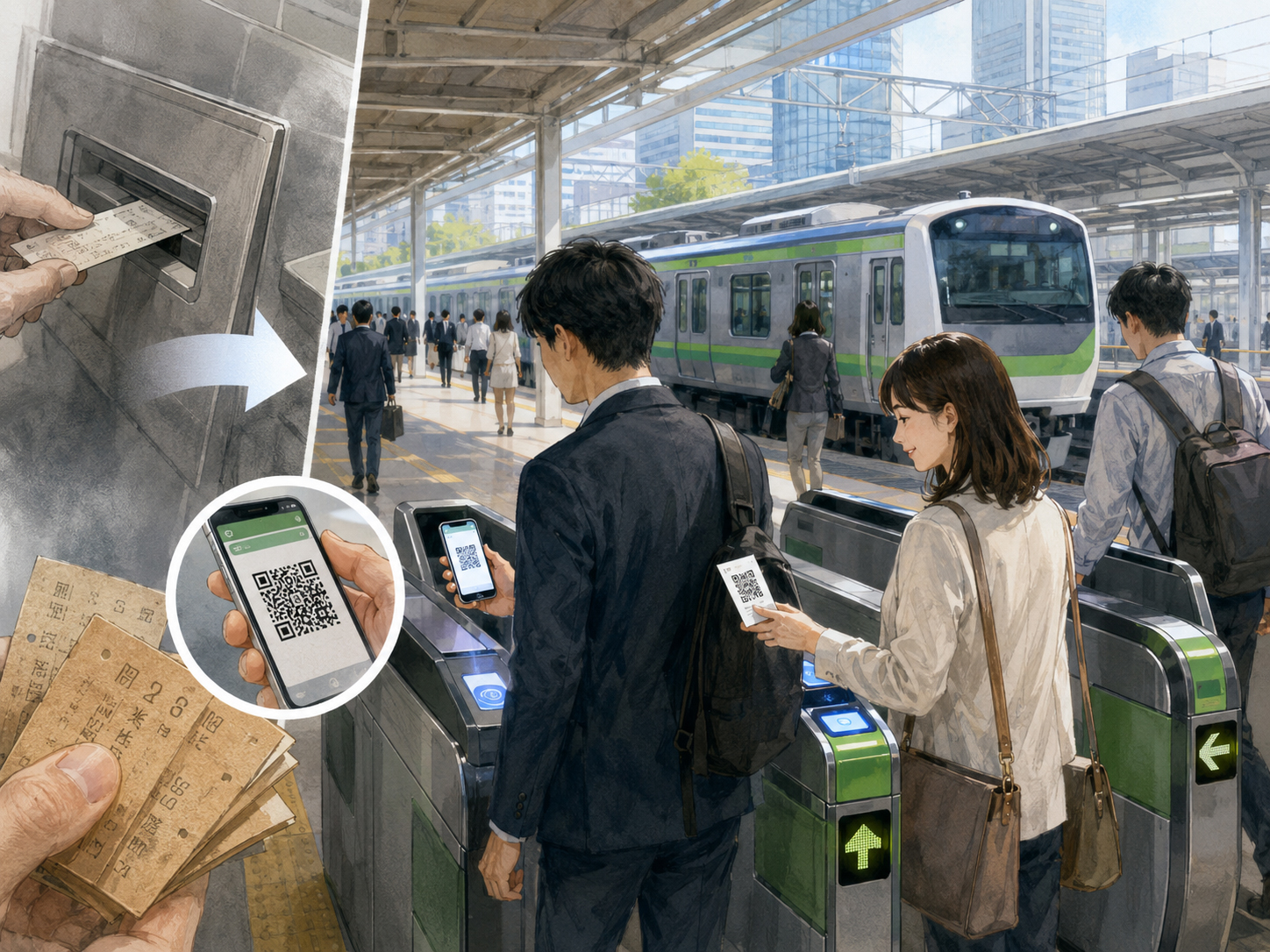 JR東日本、磁気きっぷをQRコードへのイラスト