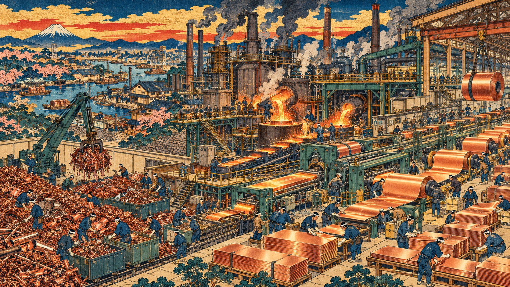 JX’s 100% Recycled Copper Foil: The Purity Challenge Behind Flexible Electronics — AI-generated editorial illustration, not a news photograph
