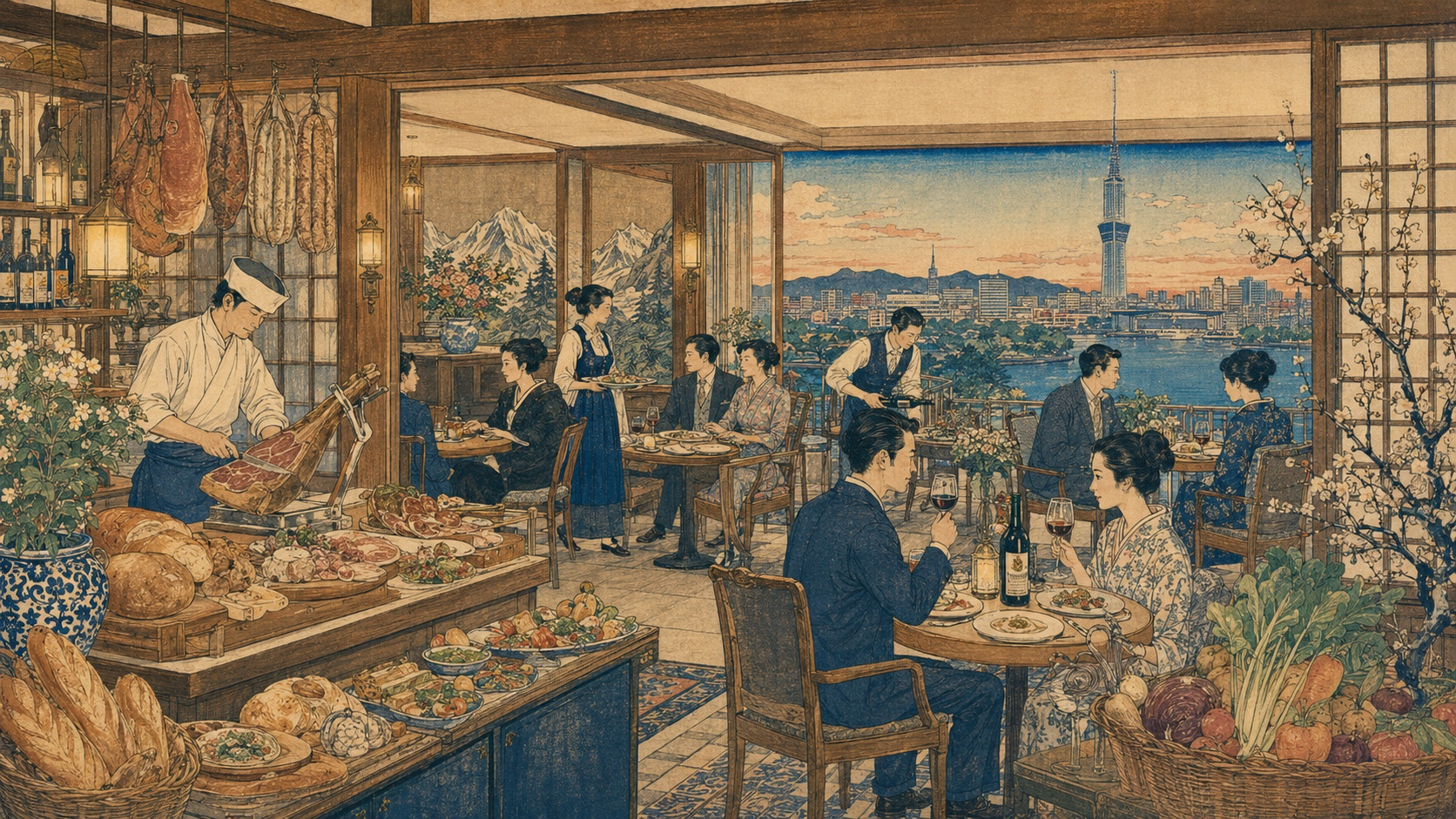 福岡・天神に現れるアルプス料理レストランを、木の温もり、共有料理、ビール、都市景観とともに歌川広重風に描いたJapan.co.jpの編集イメージ。
