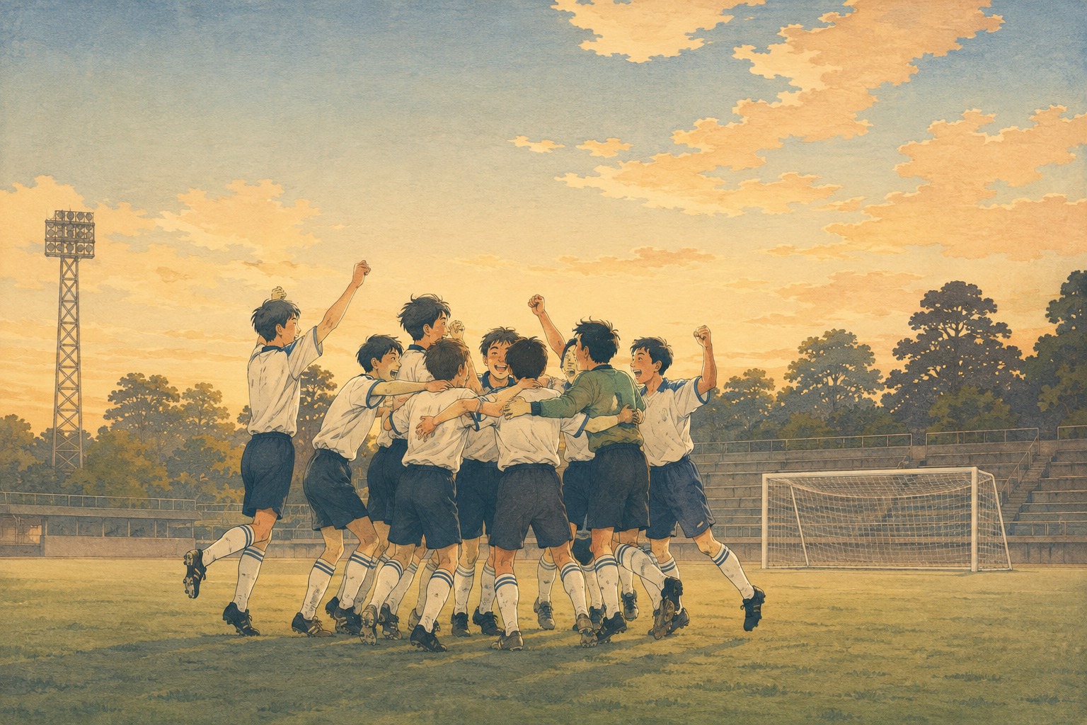 夕空の下でサッカーの優勝を祝う中学生年代の選手たちを描いた小原古邨着想の編集用イラスト