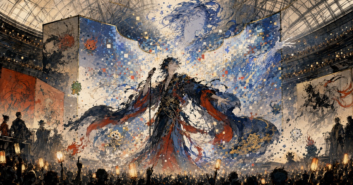 A Kawanabe Kyōsai-inspired vision of VTuber Kanae materializing above the audience in Tokyo International Forum Hall A