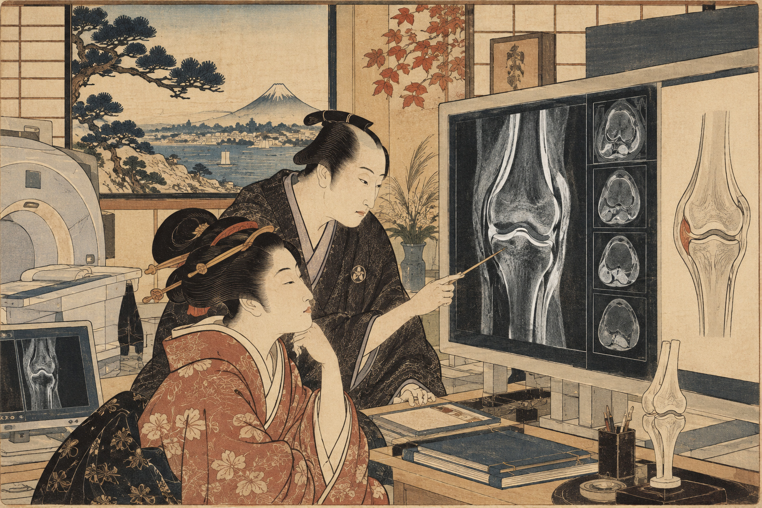 Kubo Shunman-inspired editorial illustration symbolizing knee MRI and early joint changes