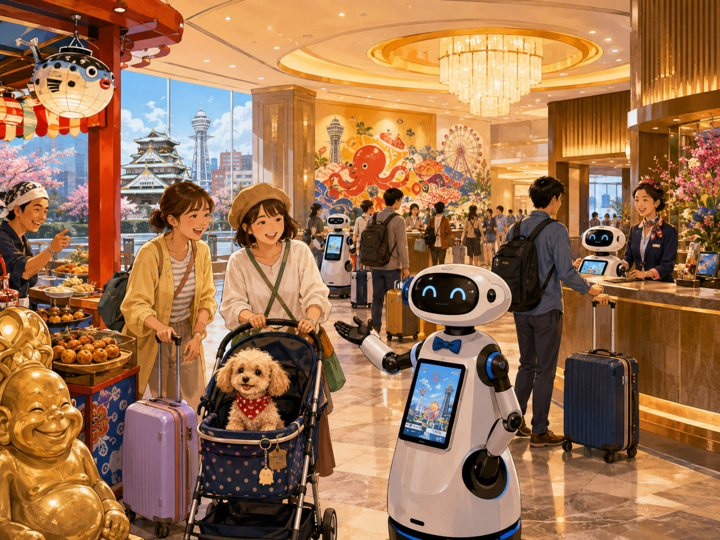 In an Osaka Hotel Lobby, Robots and Dogs Wait for the Future illustration