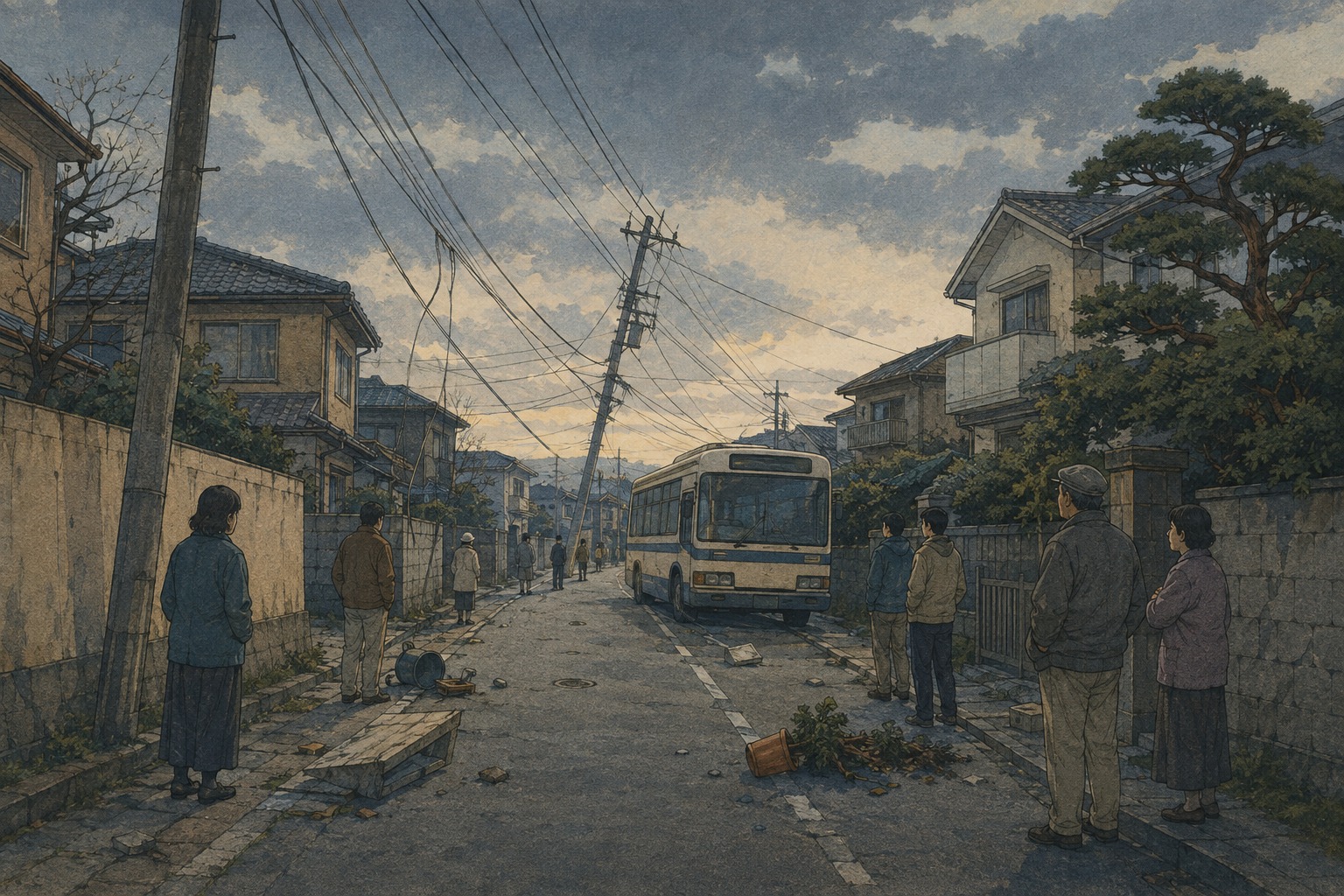 Editorial illustration of residents outside a Kanto neighborhood immediately after an early-morning earthquake