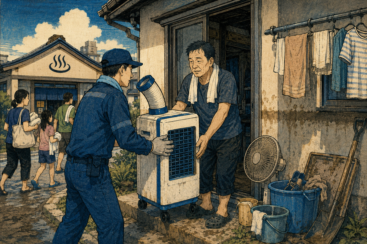 Editorial illustration inspired by Gosotei Hirosada showing a portable cooler delivered to a flood-damaged home while residents head toward bathing facilities