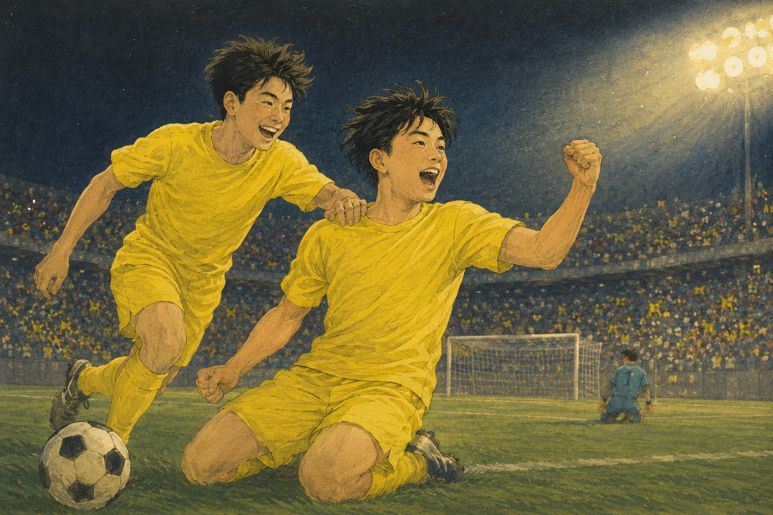 日立台の照明下でプレーする柏レイソルの若手選手を描いた編集イラスト