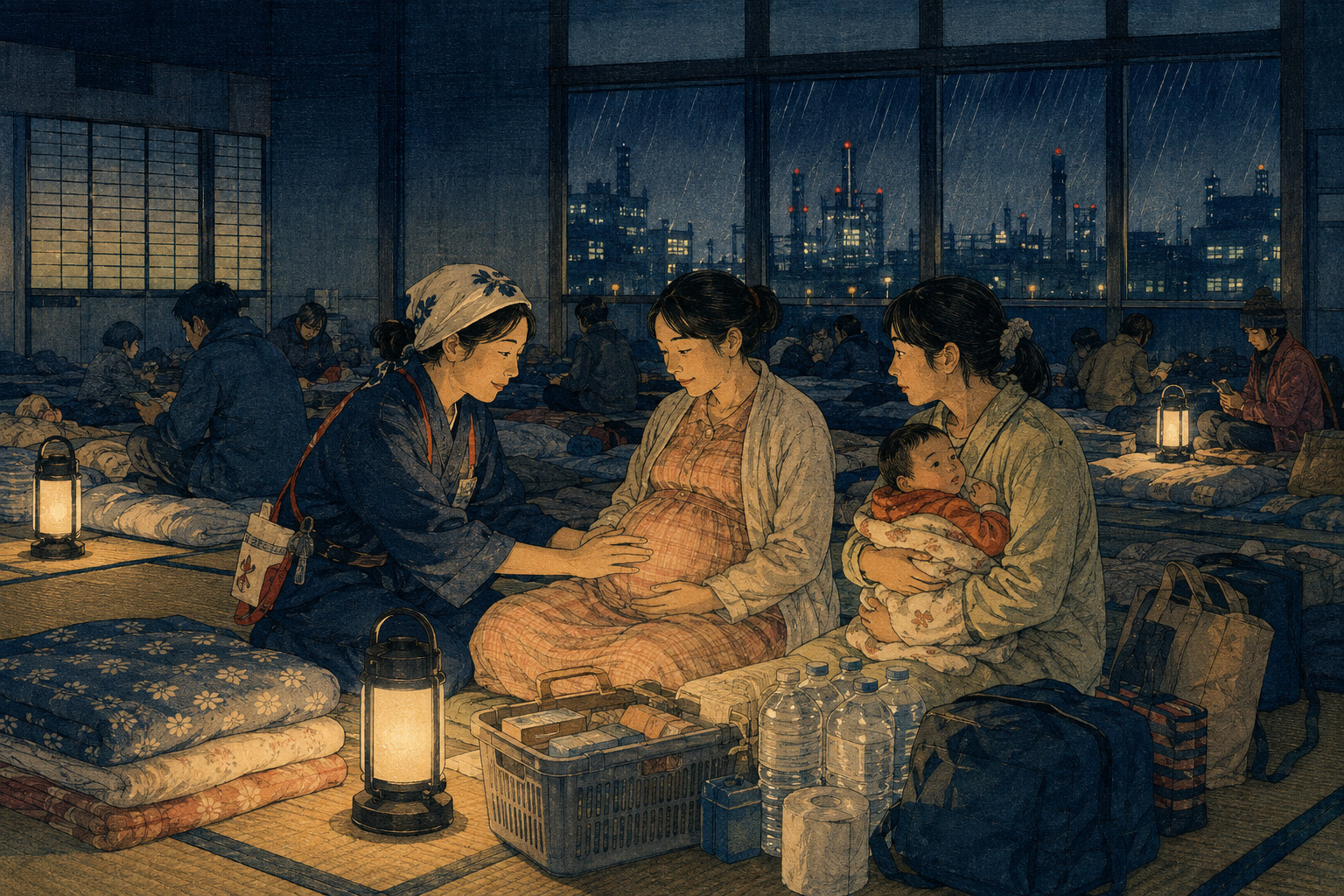 Editorial illustration of a midwife supporting a pregnant woman and a mother with an infant in a Kawasaki evacuation shelter