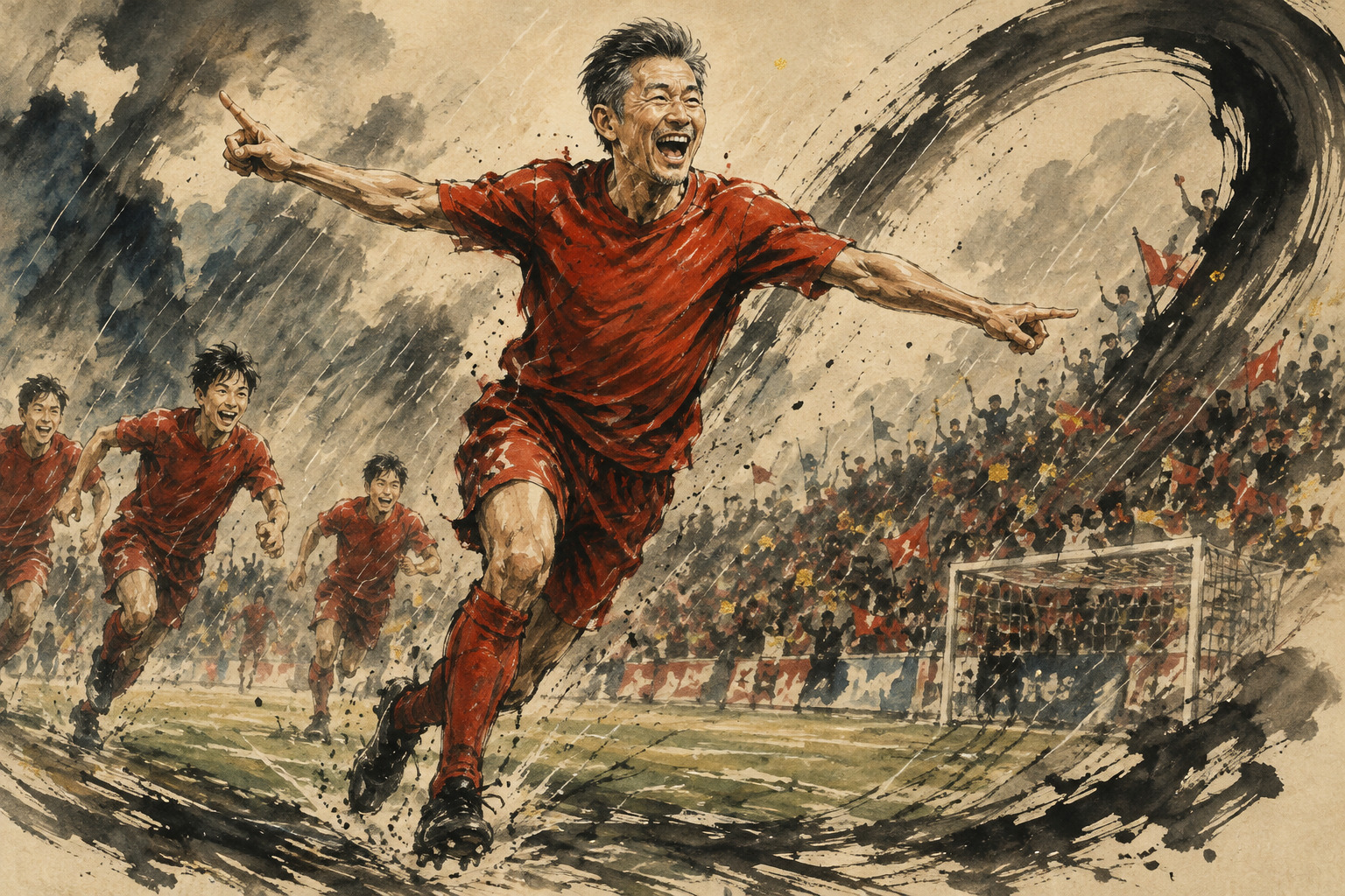 Kazuyoshi Miura celebrating in the rain after scoring in the Emperor’s Cup