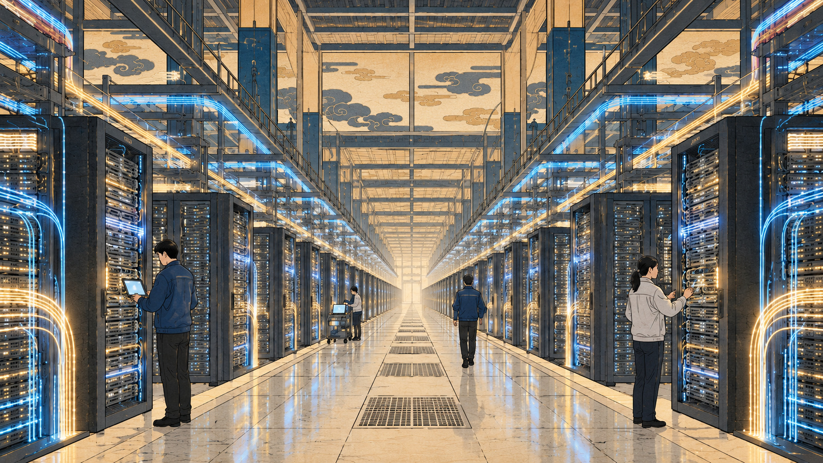 KDDIとBroadcom、AIデータセンターの省電力化へ光通信技術を共同検証 — editorial illustration