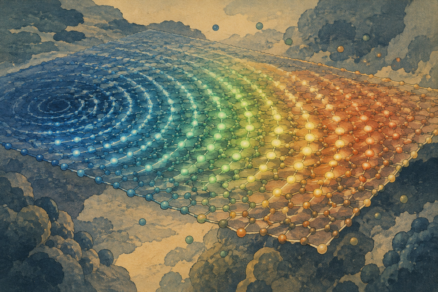 Scientific editorial illustration of acoustic waves moving across an atom-thin semiconductor as its emitted light changes color and brightness
