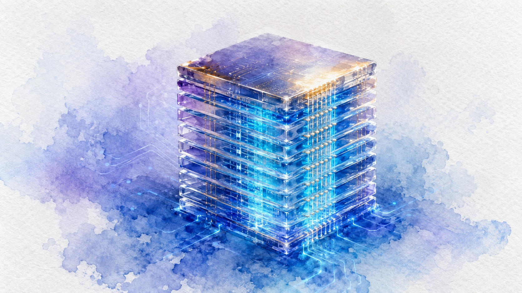 A single-focus watercolor of one 332-layer NAND memory structure rising vertically.