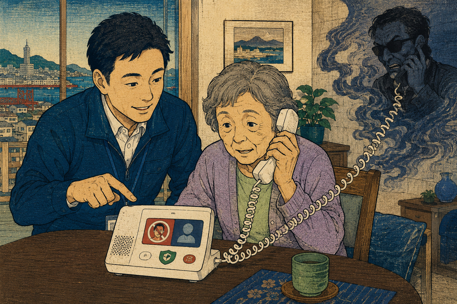 Gosotei Hirosada-inspired editorial illustration of an older woman using a recording telephone as an adviser explains its controls