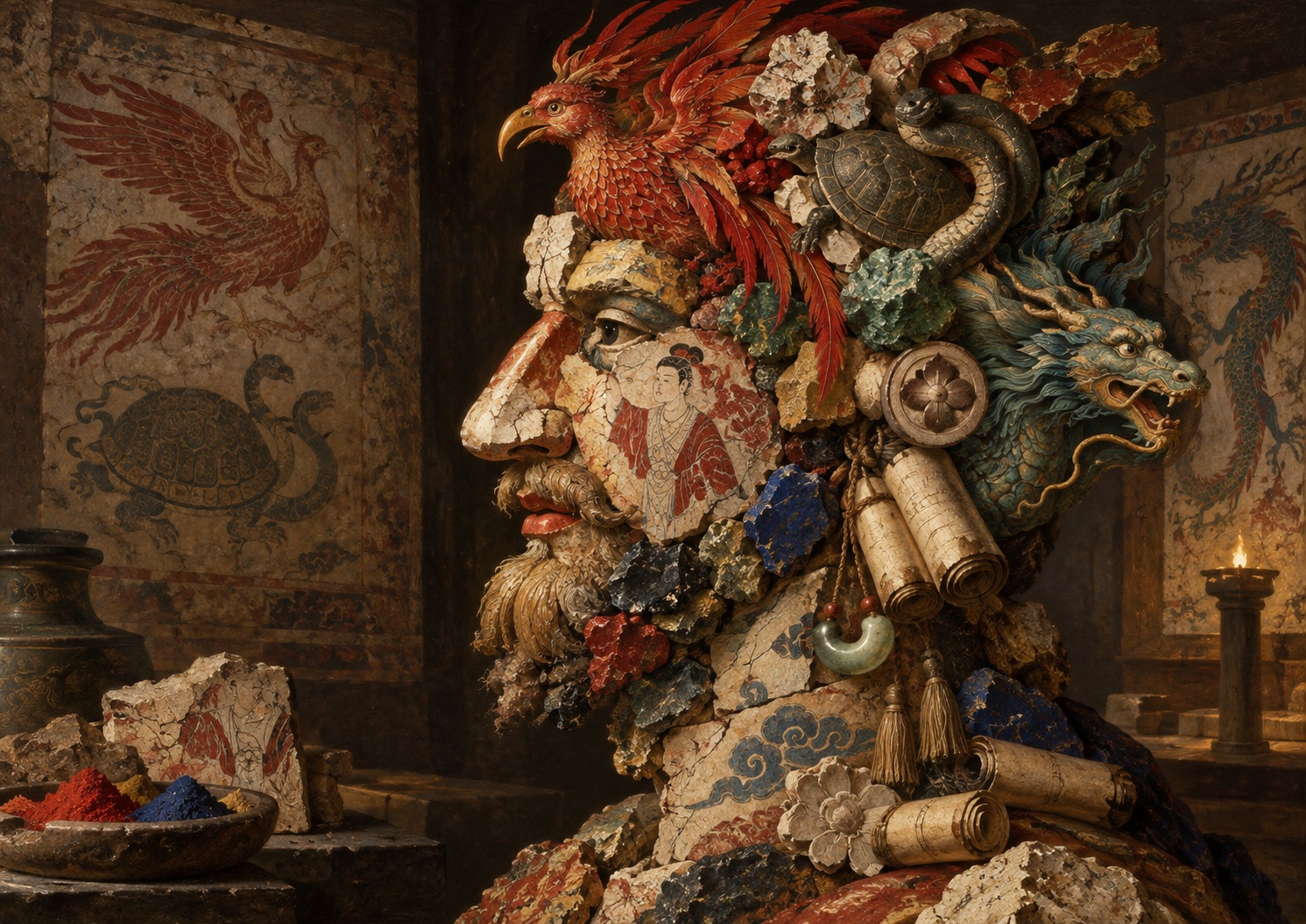 Japan.co.jp AI editorial illustration inspired by Giuseppe Arcimboldo’s composite portraits, accompanying “Three Guardians at Once: Kitora Opens Suzaku, Genbu and Seiryū Together”