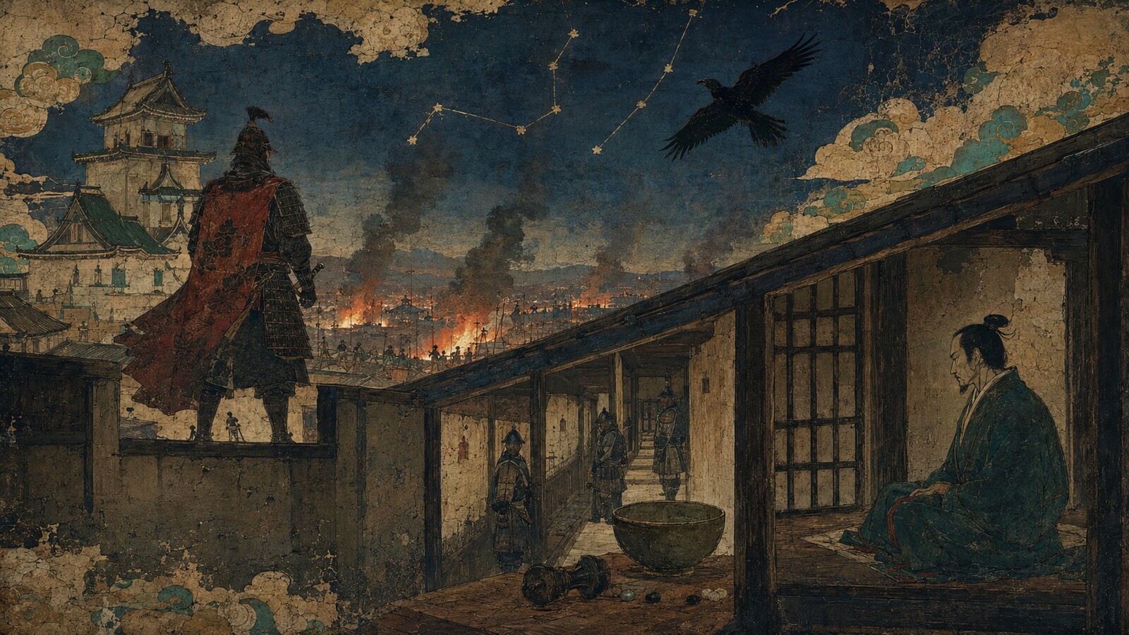 暗い戦国の城と囚人を描いた黒沢清の時代劇映画イラスト