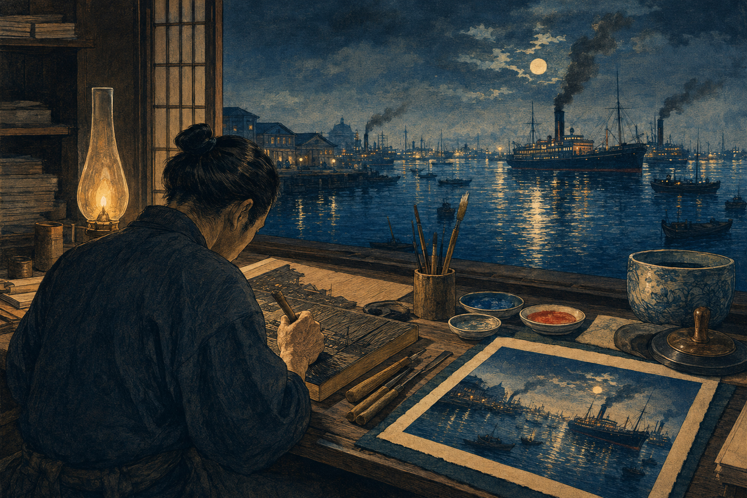 深い藍の海、船、海洋生物、深海の光を統合した小林清親の光線画着想の編集イラスト